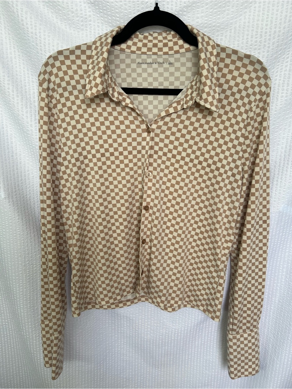 Abercrombie & Fitch Tan Brown Checkered Long Sleeve Button-Down Top Size Large